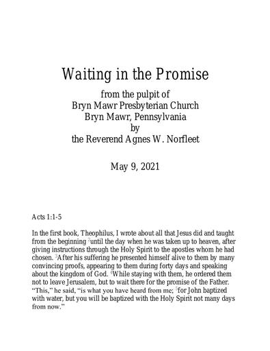 Sunday, May 9, 2021 Sermon: Waiting in the Promise by the Rev. Dr. Agnes W. Norfleet
